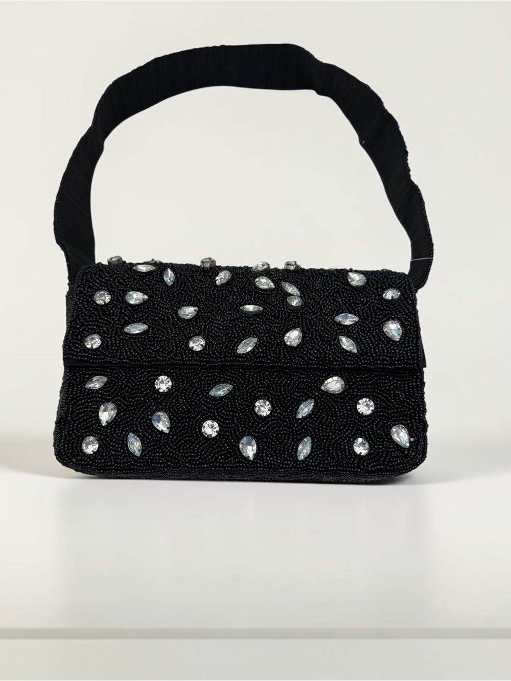 Black Beaded Shoulder Bag with Crystal Teardrop Accents